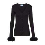 Zwarte Geribbelde Zijden Cardigan met Veren Manchetten Prada , Black ,...