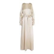 Lange Zijden Jurk met Riem en Off-Shoulder Eleventy , Beige , Dames