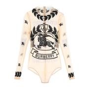 Stretch Tulle Bodysuit met Geborduurde Motieven Burberry , Beige , Dam...