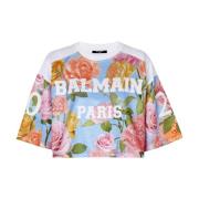 Baseball T-shirt met Pastel Roses print Balmain , Multicolor , Dames