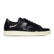 Zwarte Leren Sneakers met Gouden Logo Tom Ford , Black , Heren