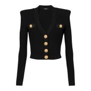 Cropped eco-designed knit cardigan with gold-tone buttons Balmain , Bl...