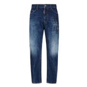 Indigo Blauw Denim Logo Print Broek Dsquared2 , Blue , Heren