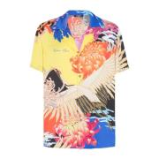 Kortemouw satijnen shirt met Crane print Balmain , Multicolor , Heren