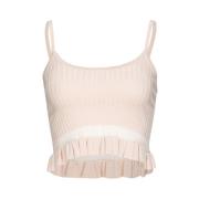 Geribbelde Crop Top met Transparante Draaddetail Pinko , Beige , Dames