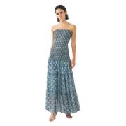 Smocked chiffon strapless jurk Cassy Antik Batik , Blue , Dames