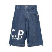 Blauwe Denim Logo Print Trekkoord Shorts C.p. Company , Blue , Heren