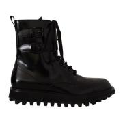 Zwarte Leren Combat Veterschoenen Heren Laarzen Dolce & Gabbana , Blac...