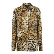 Zijden Overhemd met Luipaardprint Roberto Cavalli , Beige , Dames