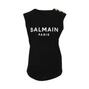 Zwarte Mouwloze T-shirt van Katoen met Wit Logo Print Balmain , Black ...