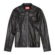 Leather biker jacket with distressed logo Diesel , Black , Heren
