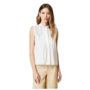 Optische witte geborduurde mouwloze top Twinset , Beige , Dames