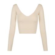 Zijden V-hals Lange Mouw Crop Top Cortana , Beige , Dames