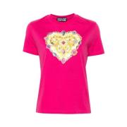 Fuchsia Katoenen T-shirt met Hart Logo Versace Jeans Couture , Pink , ...