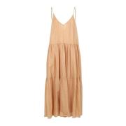 Katoen V-hals Jurk met Ruches Kaos , Beige , Dames