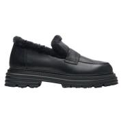 Zwarte Bontgevoerde Leren Loafers voor de Winter Estro , Black , Dames