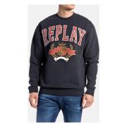 Katoenen Fleece Sweater met Ronde Hals Replay , Black , Heren