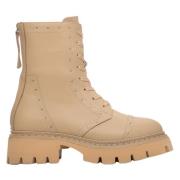 Dames Beige Leren Enkellaarzen met Decoratieve Studs Er00114047 Estro ...