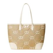 Rafia Jacquard Shopper Tas met Oval T Logo Twinset , Beige , Dames