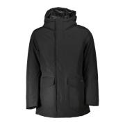 Zwarte katoenen jas met capuchon en logo Woolrich , Black , Heren