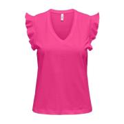 Frill V-Neck Korte Mouw T-Shirt Only , Pink , Dames