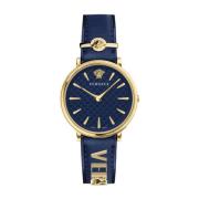 V Circle Blauw/Goud Leren Horloge Versace , Blue , Dames
