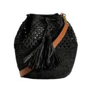 Natuurlijke Raffia Emmer Tas met Leren Band Ibeliv , Black , Dames