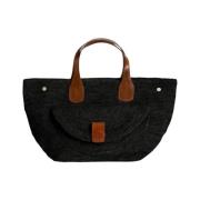 Raphia Tote Tas met Leren Handvatten Ibeliv , Black , Dames