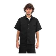 Korte Mouw Zwart Overhemd Jacquard Katoen Afterlabel , Black , Heren