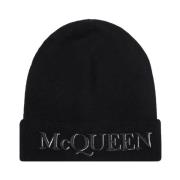 Zwarte Geribbelde Beanie Hoed Aw22 Alexander McQueen , Black , Heren