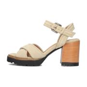 Beige Leren Sandaal met Blokhak Shabbies , Beige , Dames