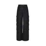 Zwarte Denim Cargo Broek met Zakken Self Portrait , Black , Dames