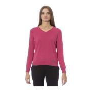 Fuchsia V-hals Sweater met Ribbed Details Baldinini , Pink , Dames