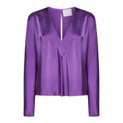 Satijnen afwerking V-hals Flare manchetten Forte Forte , Purple , Dame...