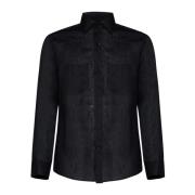 Zwarte Linnen Overhemd met Designpanelen Low Brand , Black , Heren