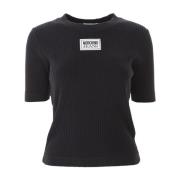 Katoen Logo Patch Korte Mouw T-Shirt Moschino , Black , Dames