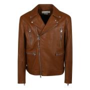 Bruine Leren Bikerjas Alexander McQueen , Brown , Heren