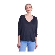 V-hals Linnen T-shirt 3/4 Mouwen Berenice , Black , Dames