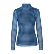 Geruit Patroon Mesh Coltrui Blouse Baum und Pferdgarten , Blue , Dames