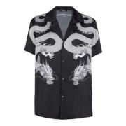 Korte satijnen overhemd met drakenprint Balmain , Black , Heren