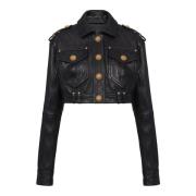 Topgestikte cropped leren jas Balmain , Black , Dames