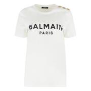 Katoenen Crew-Neck T-Shirt met Versierde Knopen Balmain , White , Dame...