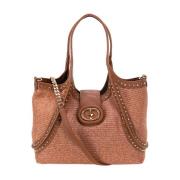 Studded Leren en Raffia Handtas La Carrie , Brown , Dames