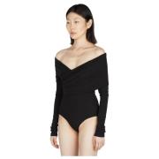 Gerimpelde V-hals Bodysuit Paris Georgia , Black , Dames