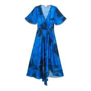 Satin Jurk met Bloemenpatroon Oltre , Blue , Dames