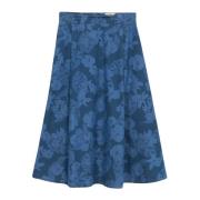 Bloemen Denim Midi Rok Oltre , Blue , Dames