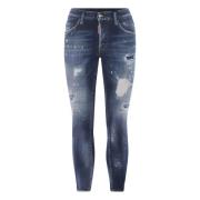 Donkerblauwe Skinny Jeans met Verfspatten en Versleten Details Dsquare...
