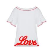 Gerimpelde Mouw Logo T-shirt Katoen Borduurwerk Moschino , White , Dam...