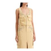 Denim Crop Top met Kristalversiering Self Portrait , Beige , Dames