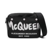 Zwarte Leren Schoudertas met Logoprint Alexander McQueen , Black , Her...